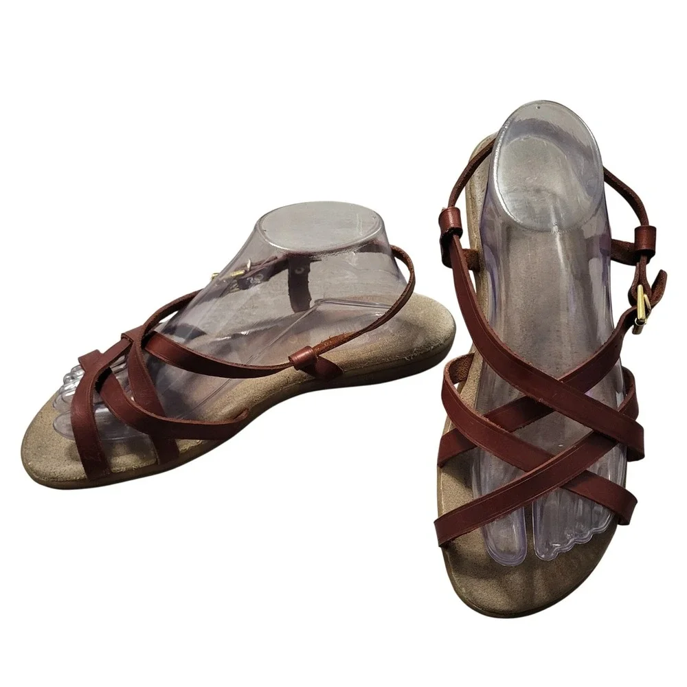 GH Bass Sunjuns Brown Leather Strappy Gladiator Sandals Womens 10 Flat Buckle